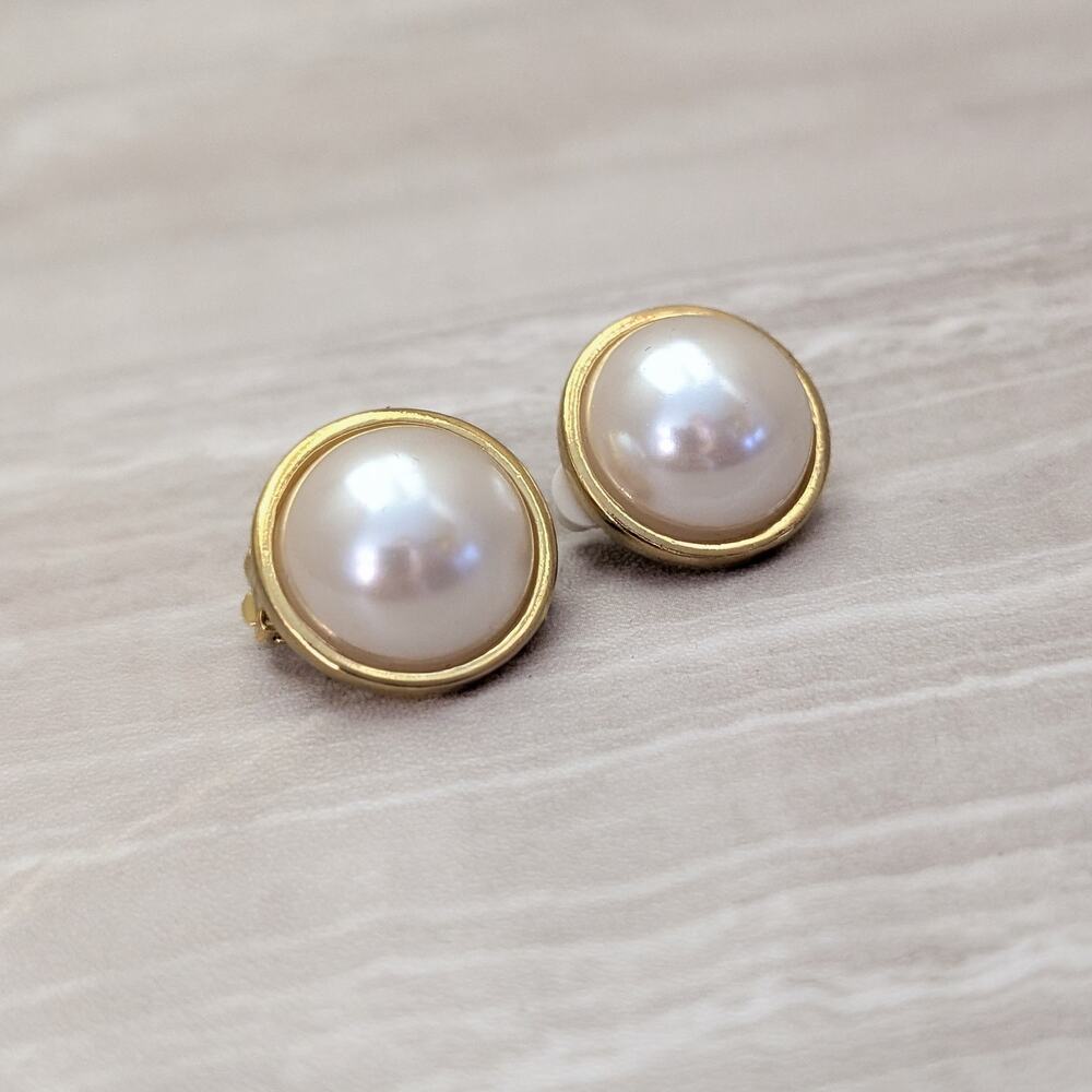 Vintage Clip On Earrings Statement Domed Faux Pearl with Gold Tone Halo Large